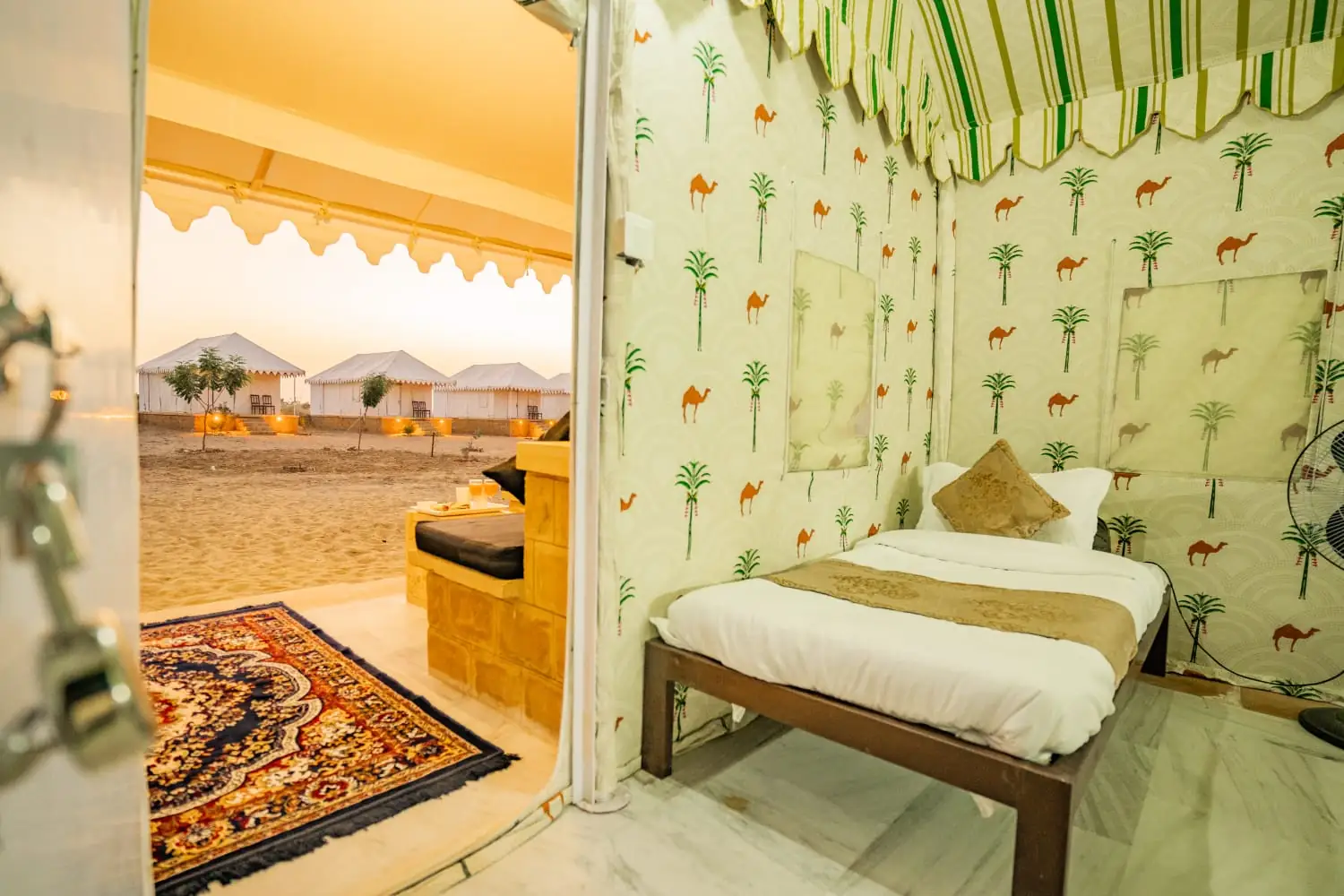 Maharaja Luxury AC Tent private sit-out with a view of the dunes