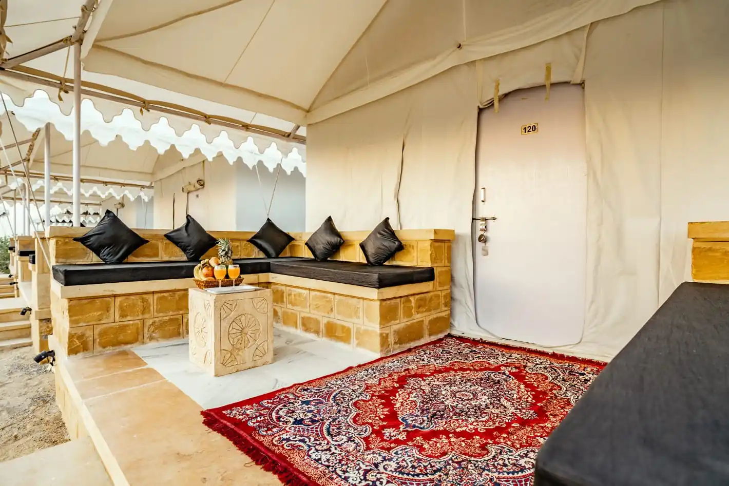Private sit-out seating area at the Maharaja Luxury AC Tent