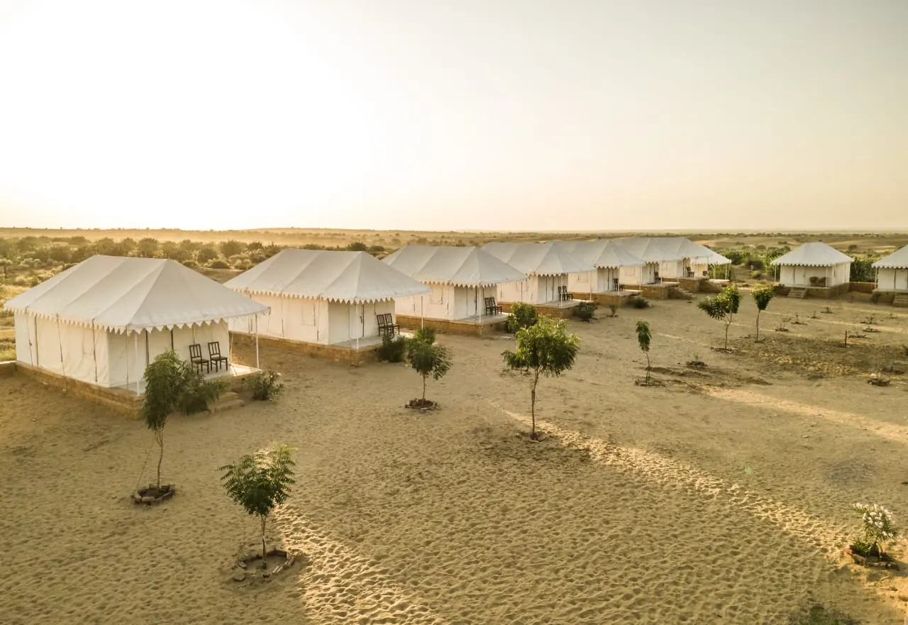 Royal Swiss Luxury Tents at the desert camp at sunset