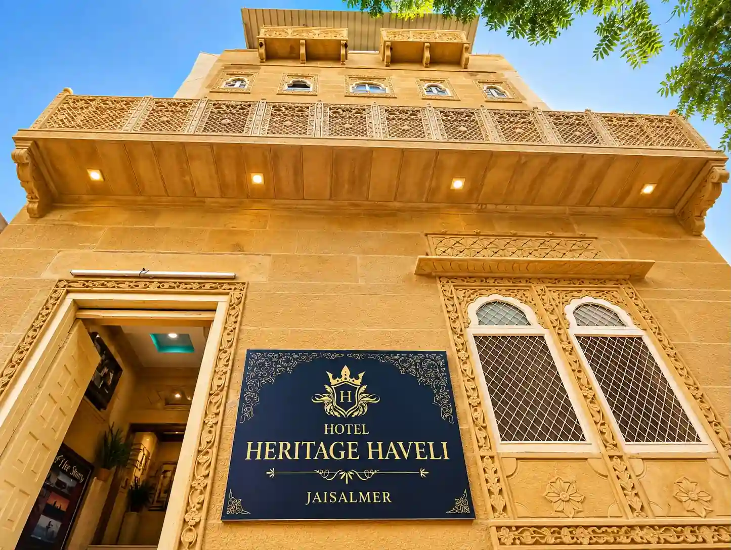 Heritage Haveli Jaisalmer golden sandstone facade with traditional Rajasthani carvings