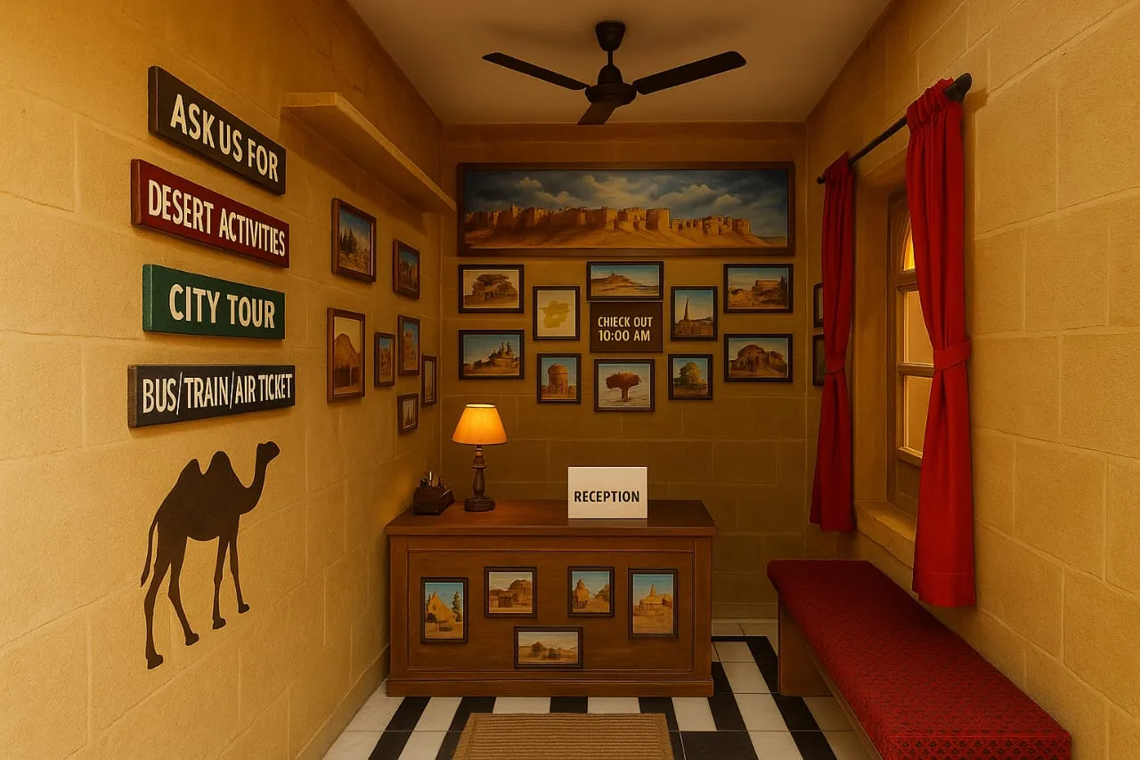 Hotel reception desk decorated with local artwork