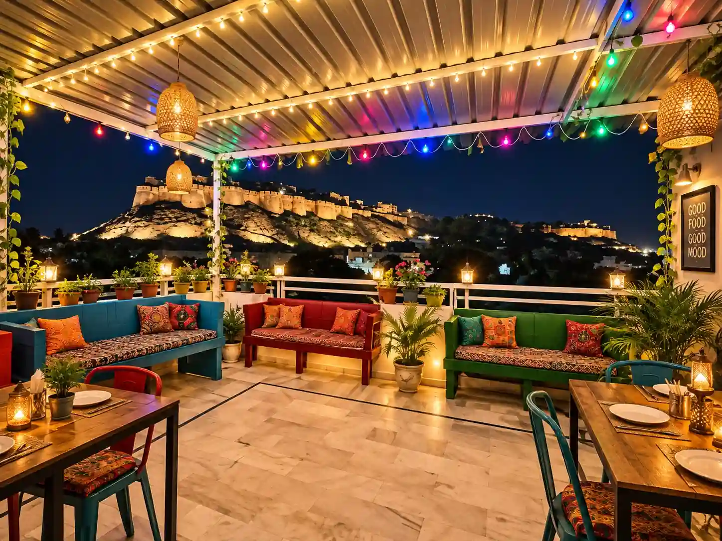 Heritage Haveli Jaisalmer rooftop terrace at night with Jaisalmer Fort view