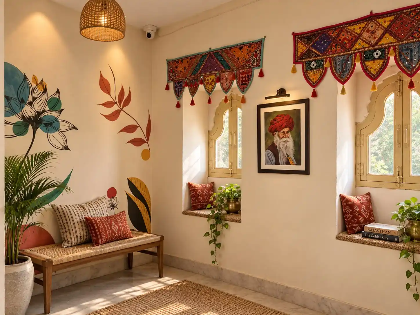 Traditionally decorated sitting nook at Heritage Haveli Jaisalmer